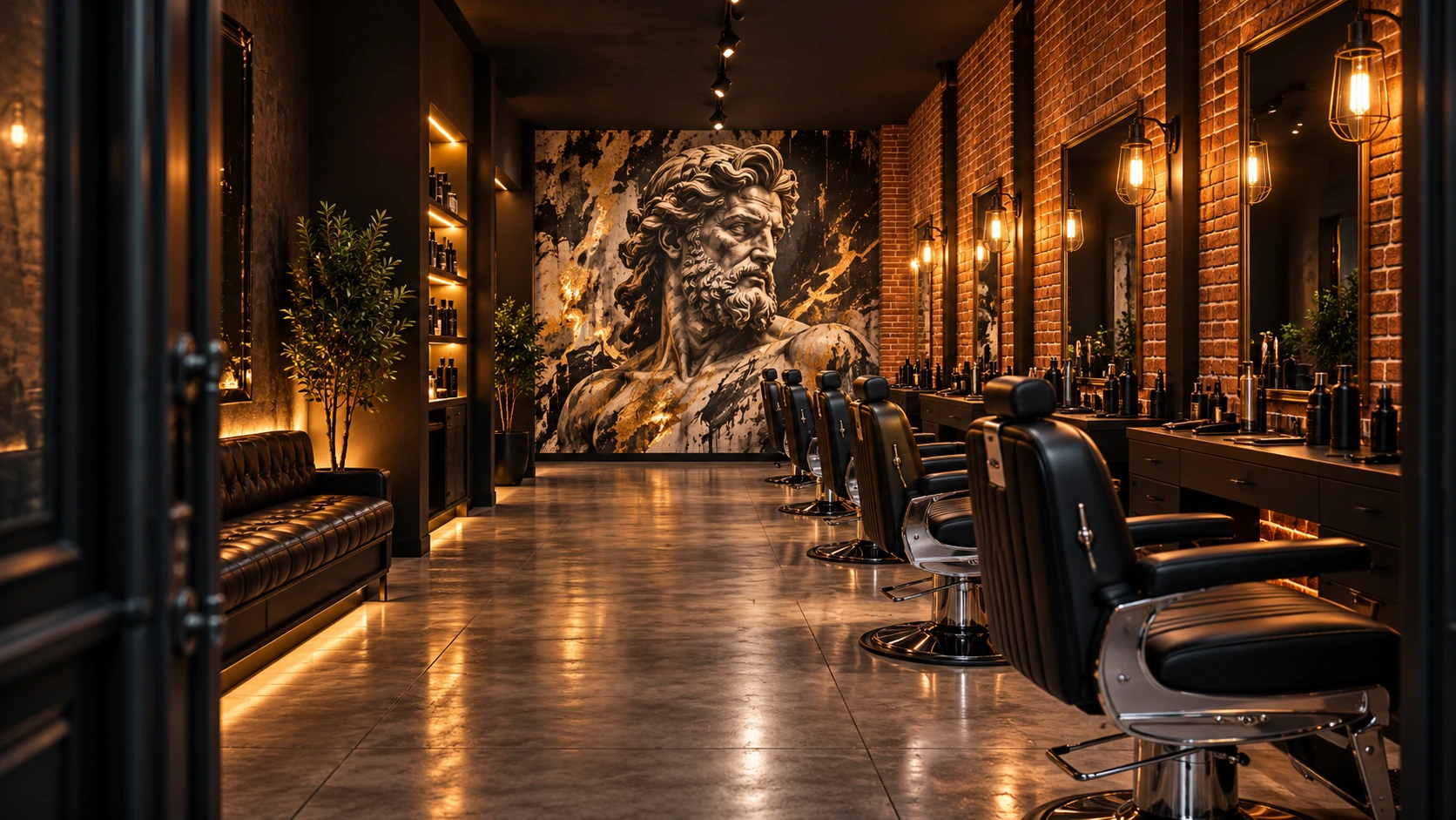 Ambiente ilustrativo da Zeus Barber House com mural de Zeus